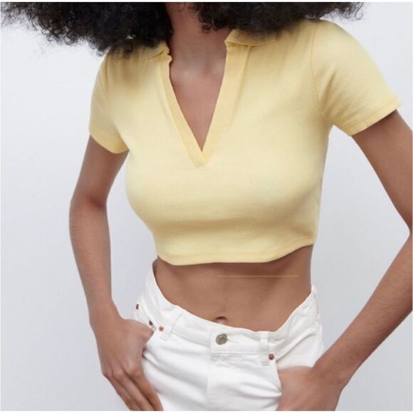 Zara Ribbed Cropped Polo Top size S - Picture 2 of 10